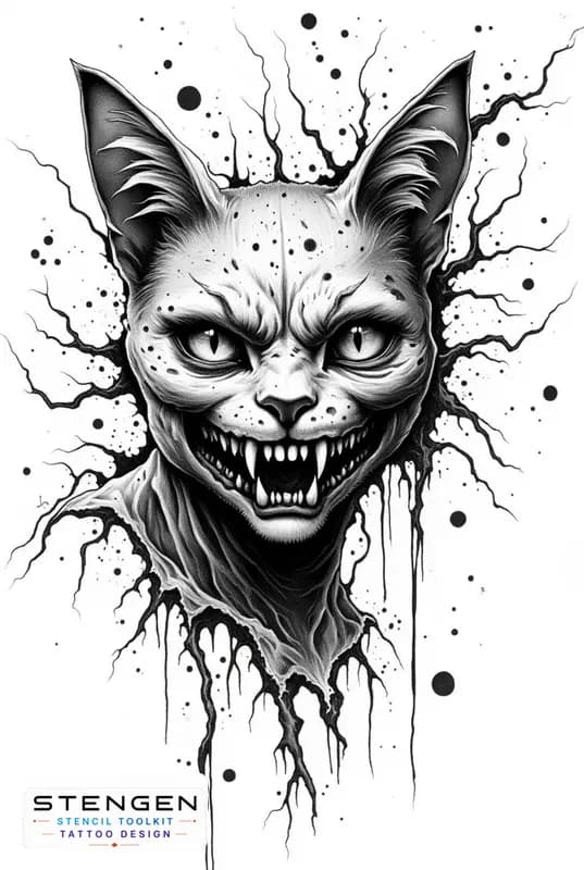 Demonic cat dotwork style gothic design dark art tattoo design white background