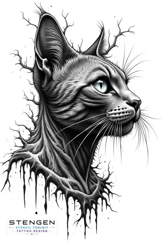 Demonic cat dotwork style gothic design dark art tattoo design white background