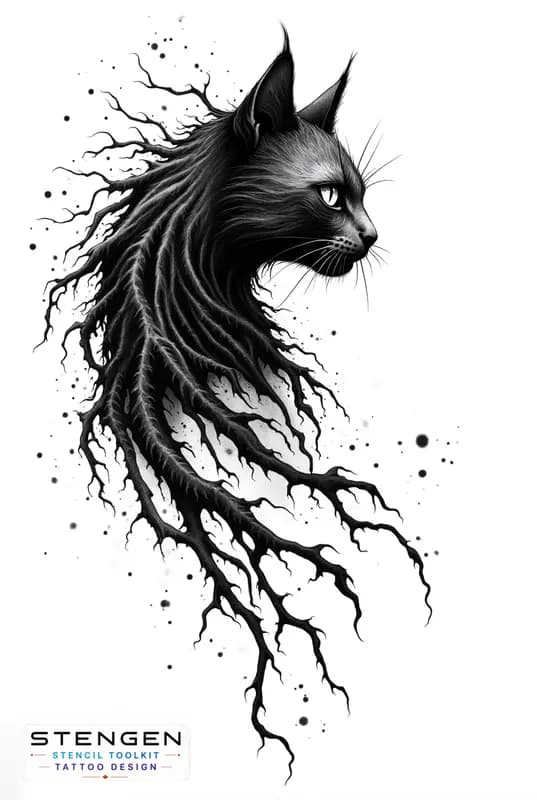 Demonic cat dotwork style gothic design dark art tattoo design white background