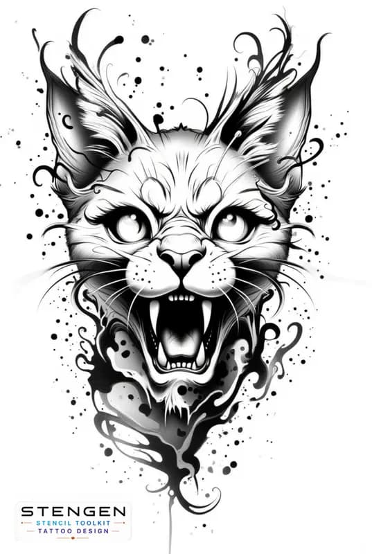 Demonic cat dotwork style gothic design dark art tattoo design white background