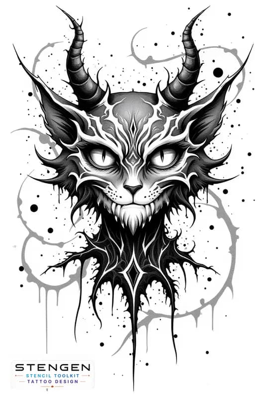Demonic cat dotwork style gothic design dark art tattoo design white background