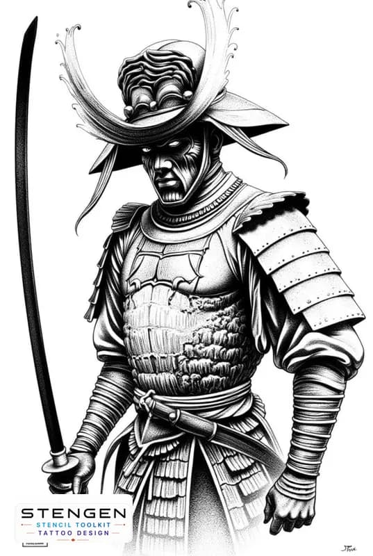 Ealistic samurai warrior with katana lifted detailed armor wind effect in hair clean shadow work g tattoo design