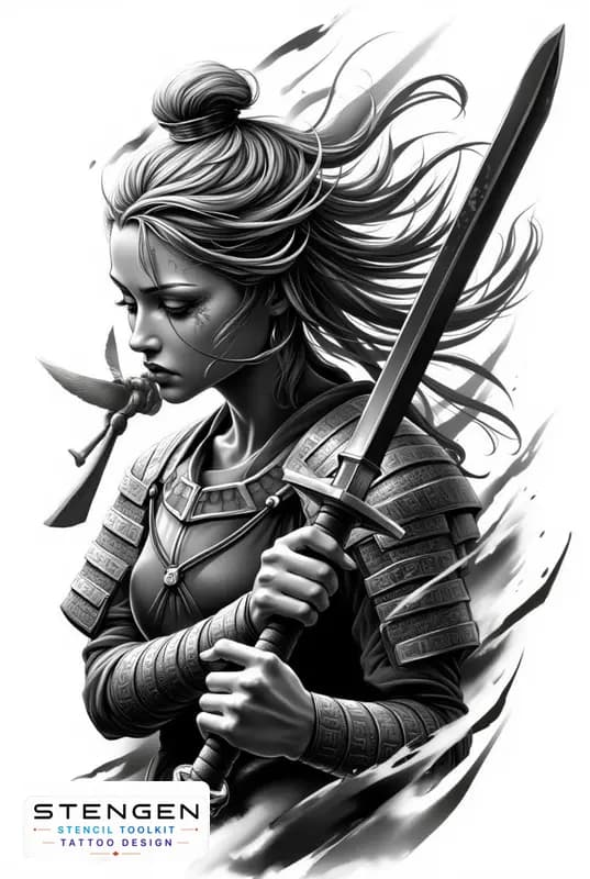 Ealistic samurai warrior with katana lifted detailed armor wind effect in hair clean shadow work g tattoo design