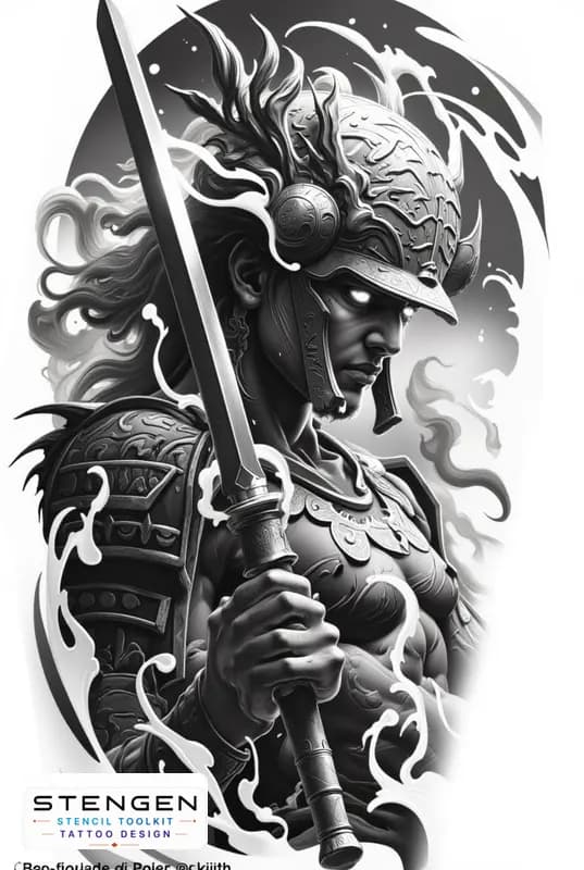 Ealistic samurai warrior with katana lifted detailed armor wind effect in hair clean shadow work g tattoo design