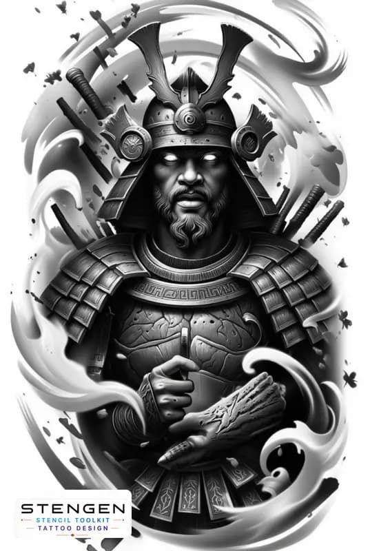 Ealistic samurai warrior with oni mask lifted detailed armor wind effect in hair clean shadow work tattoo design