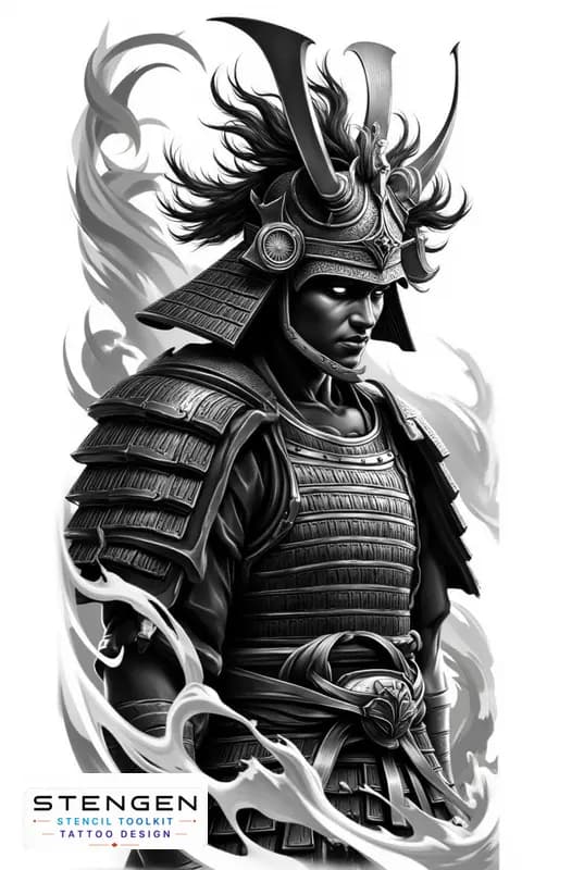 Ealistic samurai warrior with oni mask lifted above head detailed armor wind effect in hair clean s tattoo design