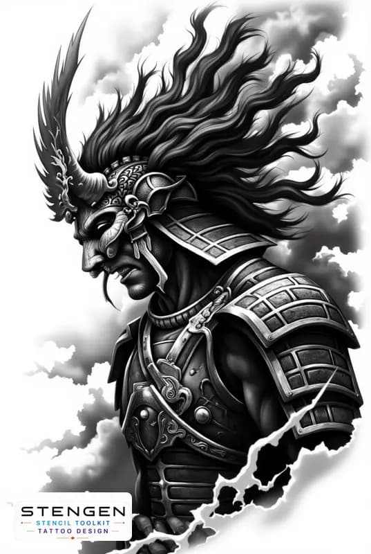 Ealistic samurai warrior with oni mask lifted above head detailed armor wind effect in hair clean s tattoo design