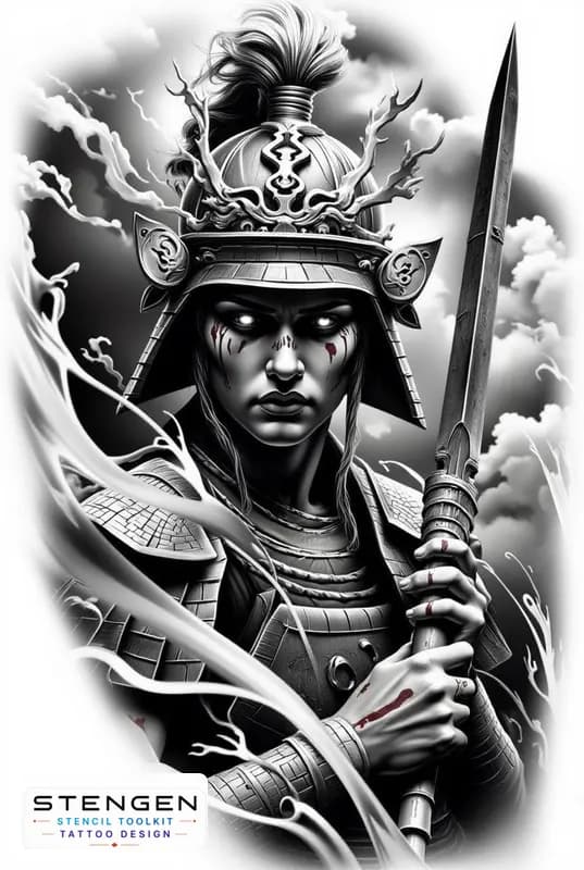 Ealistic samurai warrior with oni mask lifted detailed armor wind effect in hair clean shadow work tattoo design