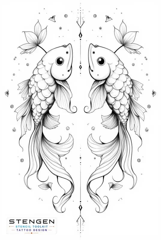 Eastern pisces tattoo design fine line art two symmetrical fish mirrored in a stylized way inspired