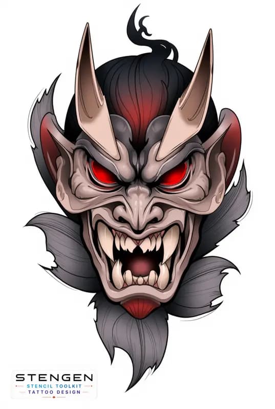 Fierce japanese hannya mask oni mask with glowing red eyes exaggerated horns stylized fangs and agg tattoo design