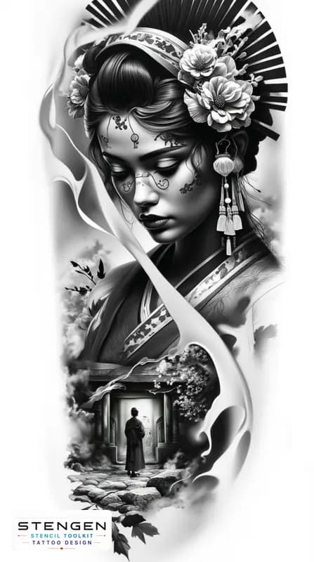 Geisha japan style white background tattoo design