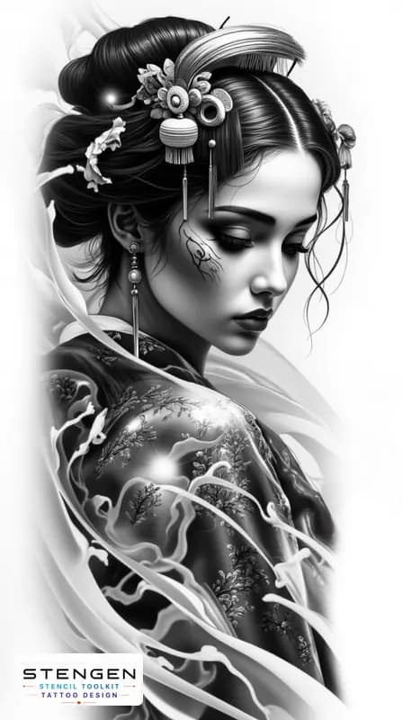 Geisha japan style white background tattoo design
