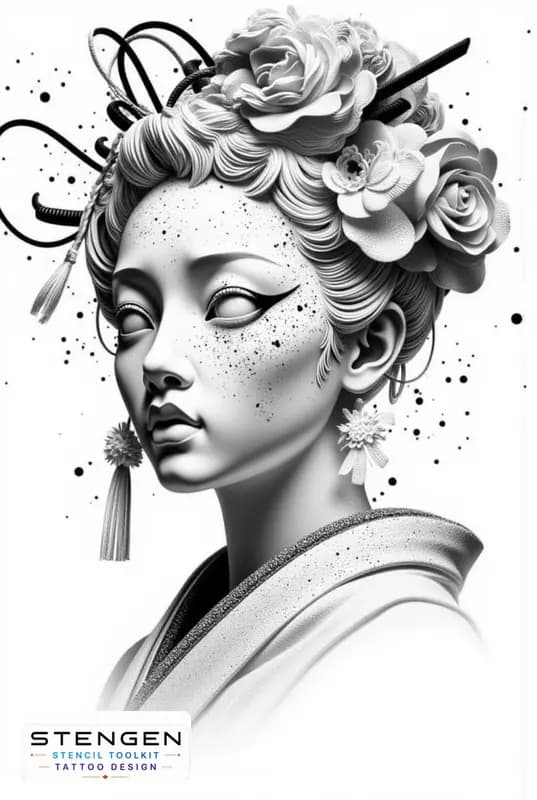 Geisha mask white background tattoo design