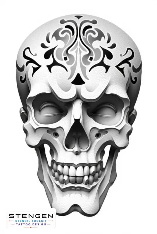 A hyper detailed human skull with baroque ornamental engravings symmetrical floral patterns around tattoo design