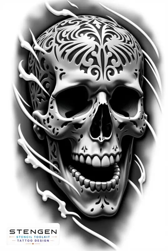 A hyper detailed human skull with baroque ornamental engravings symmetrical floral patterns around tattoo design