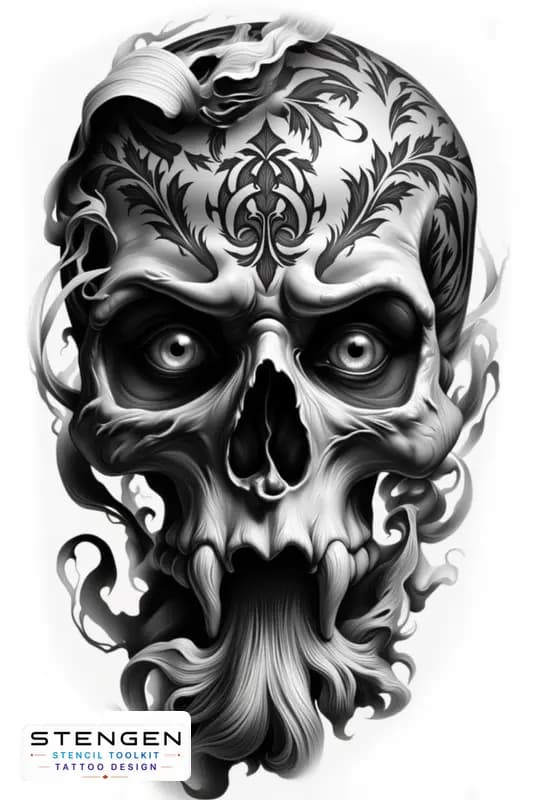 A hyper detailed human skull with baroque ornamental engravings symmetrical floral patterns around tattoo design