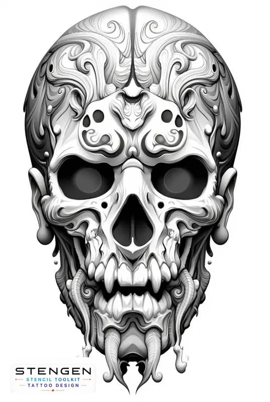 A hyper detailed human skull with baroque ornamental engravings symmetrical floral patterns around tattoo design