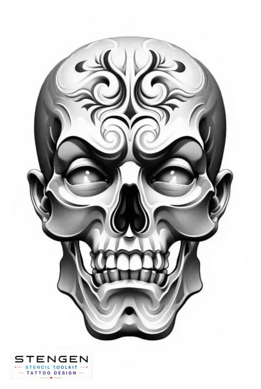 A hyper detailed human skull with baroque ornamental engravings symmetrical floral patterns around tattoo design