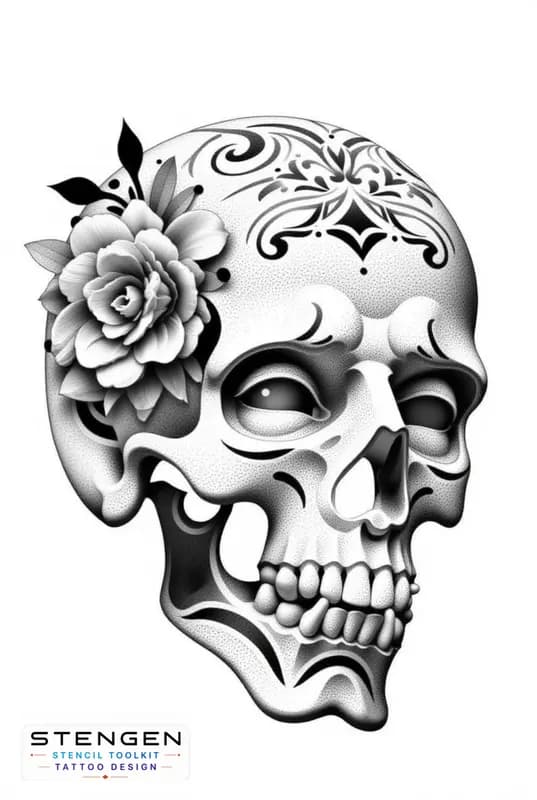 A hyper detailed human skull with baroque ornamental engravings symmetrical floral patterns around tattoo design