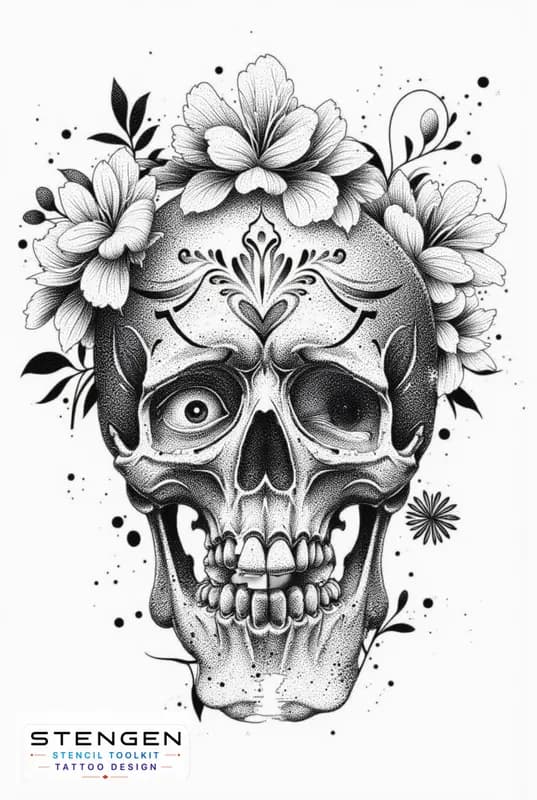 A hyper detailed human skull with baroque ornamental engravings symmetrical floral patterns around tattoo design