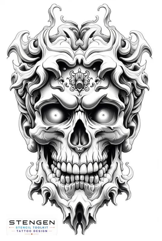 A hyper detailed human skull with baroque ornamental engravings symmetrical floral patterns around tattoo design