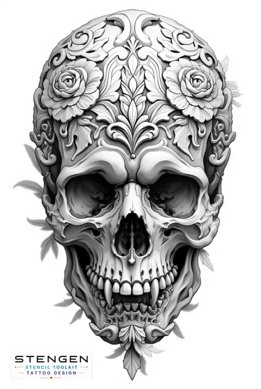 A hyper detailed human skull with baroque ornamental engravings symmetrical floral patterns around tattoo design