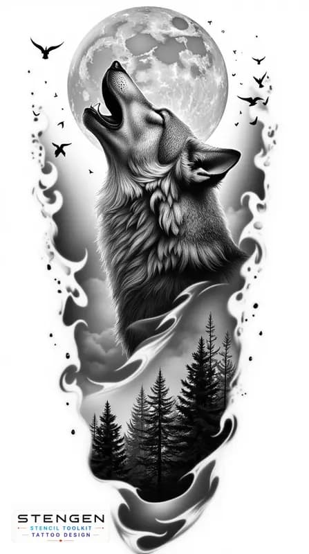 A hyper realistic black and grey tattoo design of a howling wolf with intricate fur details set aga