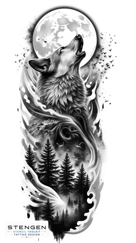 A hyper realistic black and grey tattoo design of a howling wolf with intricate fur details set aga