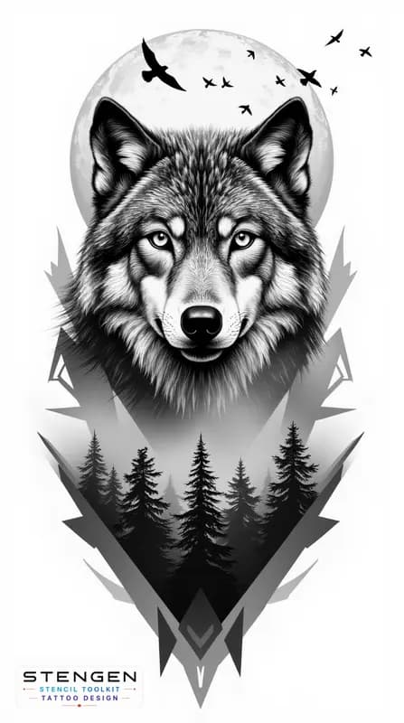 A hyper realistic black and grey tattoo design of a wolf front view with intricate fur details set