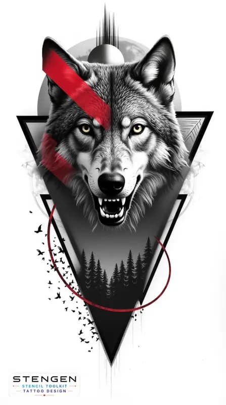 A hyper realistic black and grey tattoo design of a wolf front view with intricate fur details set