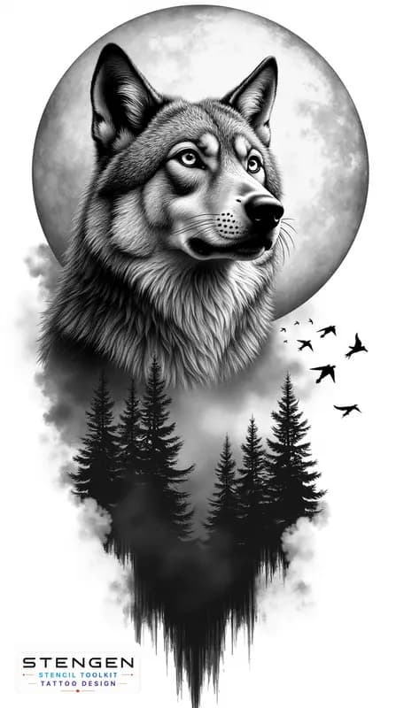 A hyper realistic black and grey tattoo design of a wolf with intricate fur details set against a l