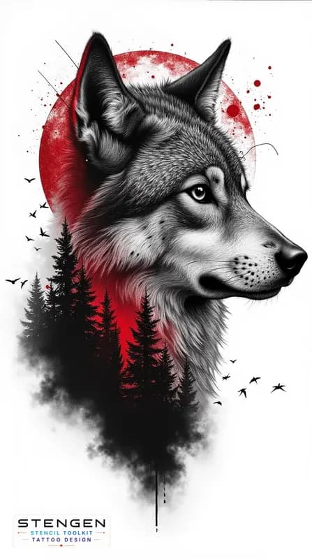 A hyper realistic black and grey tattoo design of a wolf with intricate fur details set against a l