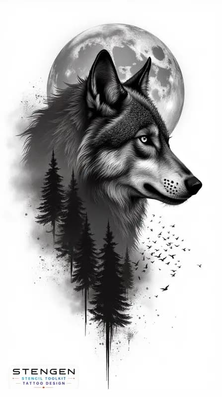 A hyper realistic black and grey tattoo design of a wolf with intricate fur details set against a l