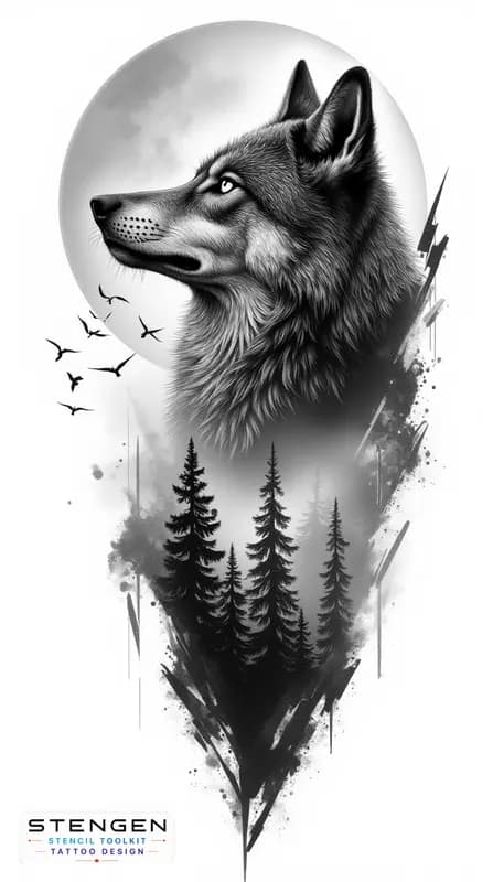 A hyper realistic black and grey tattoo design of a wolf with intricate fur details set against a l