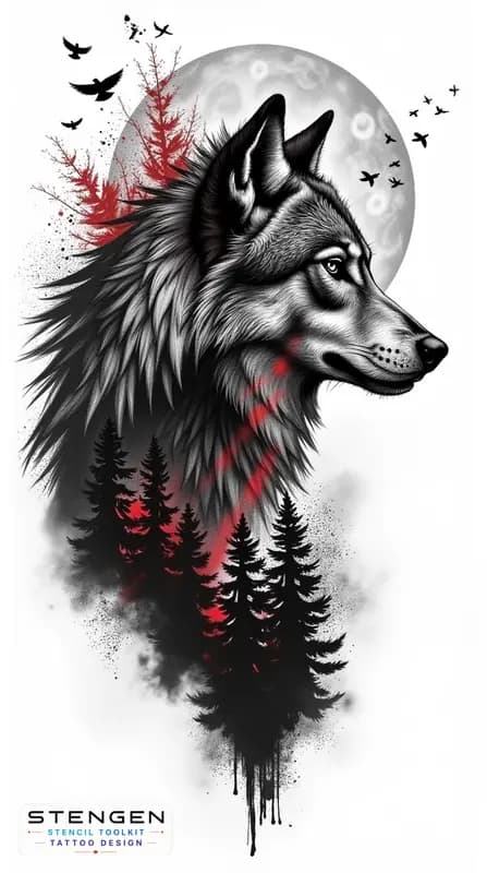A hyper realistic black and grey tattoo design of a wolf with intricate fur details set against a l