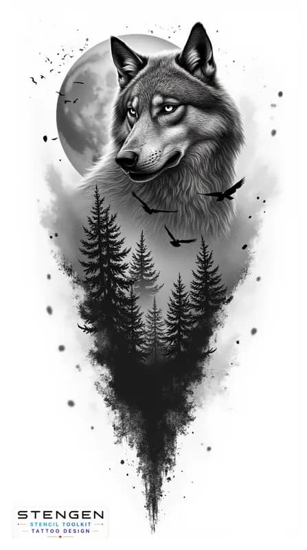 A hyper realistic black and grey tattoo design of a wolf with intricate fur details set against a l