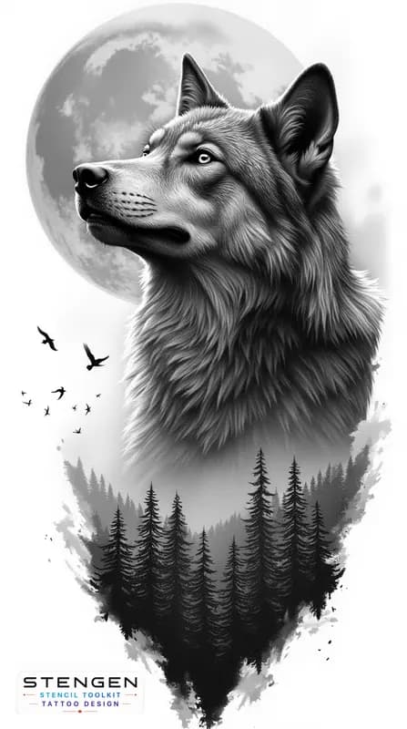 A hyper realistic black and grey tattoo design of a wolf with intricate fur details set against a l