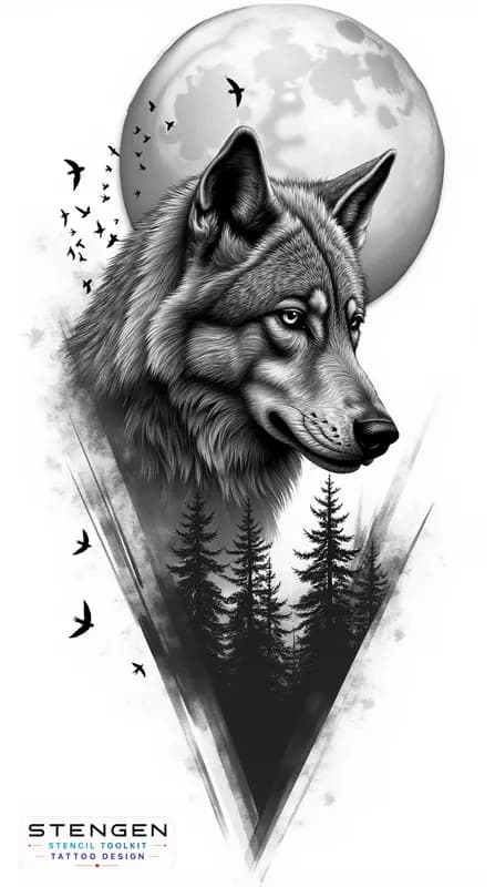 A hyper realistic black and grey tattoo design of a wolf with intricate fur details set against a l
