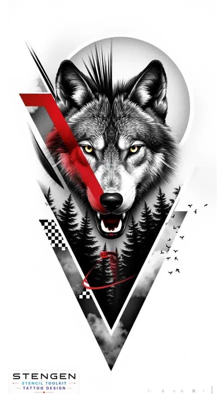 A hyper realistic black and grey tattoo design of a wolf front view with intricate fur details set