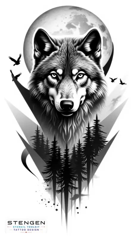 A hyper realistic black and grey tattoo design of a wolf front view with intricate fur details set