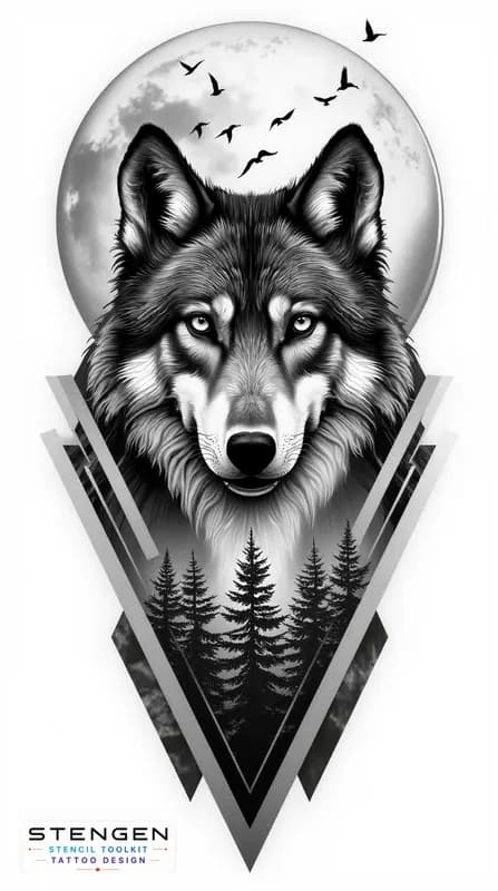 A hyper realistic black and grey tattoo design of a wolf front view with intricate fur details set