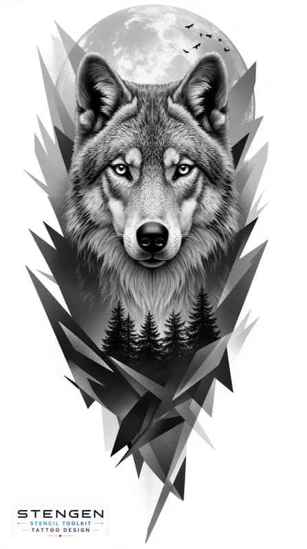 A hyper realistic black and grey tattoo design of a wolf front view with intricate fur details set