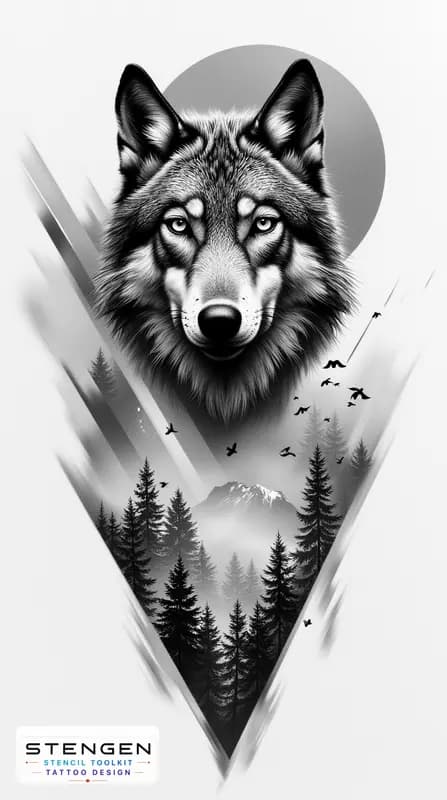 A hyper realistic black and grey tattoo design of a wolf front view with intricate fur details set