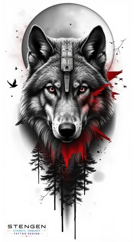A hyper realistic black and grey tattoo design of a wolf front view with intricate fur details set
