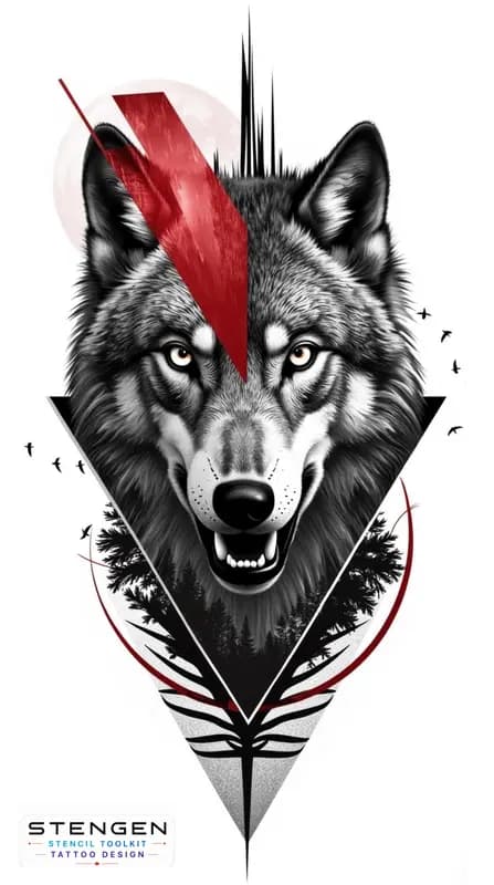 A hyper realistic black and grey tattoo design of a wolf front view with intricate fur details set