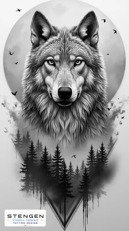 A hyper realistic black and grey tattoo design of a wolf front view with intricate fur details set