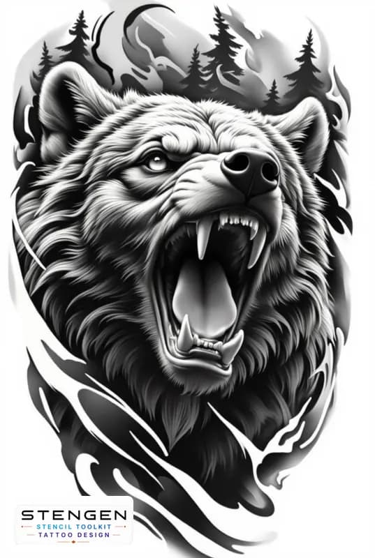 Hyper realistic tattoo sketch of a bear roaring forest background mist details strong light and sha