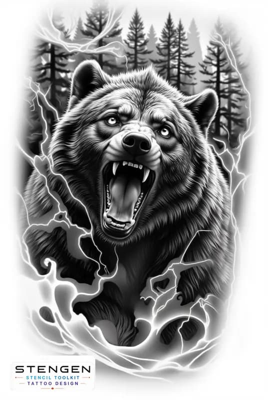 Hyper realistic tattoo sketch of a bear roaring forest background mist details strong light and sha