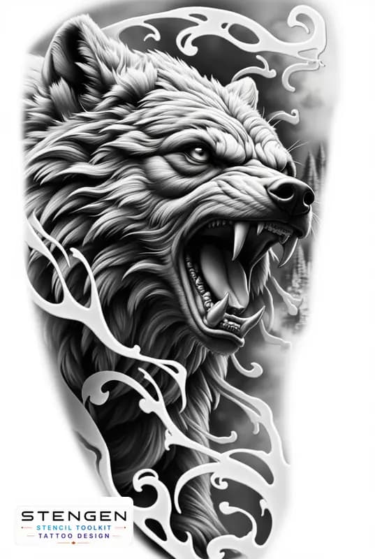 Hyper realistic tattoo sketch of a bear roaring forest background mist details strong light and sha