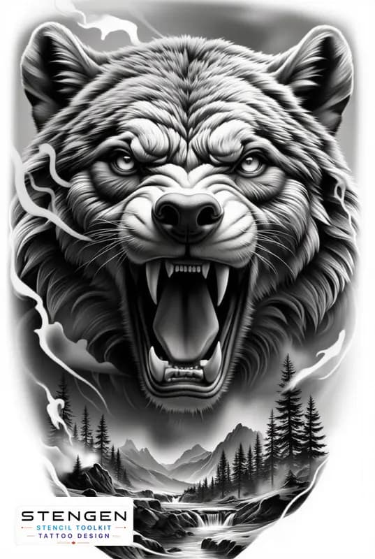 Hyper realistic tattoo sketch of a bear roaring forest background mist details strong light and sha